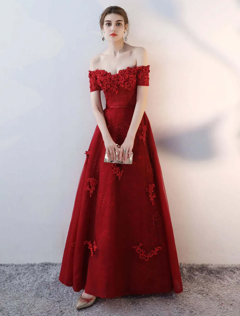 Modern Evening Dresses Long Burgundy Off The Shoulder evening dress Lace Applique Heavy Beading Sash Floor Length Formal Evening Dress