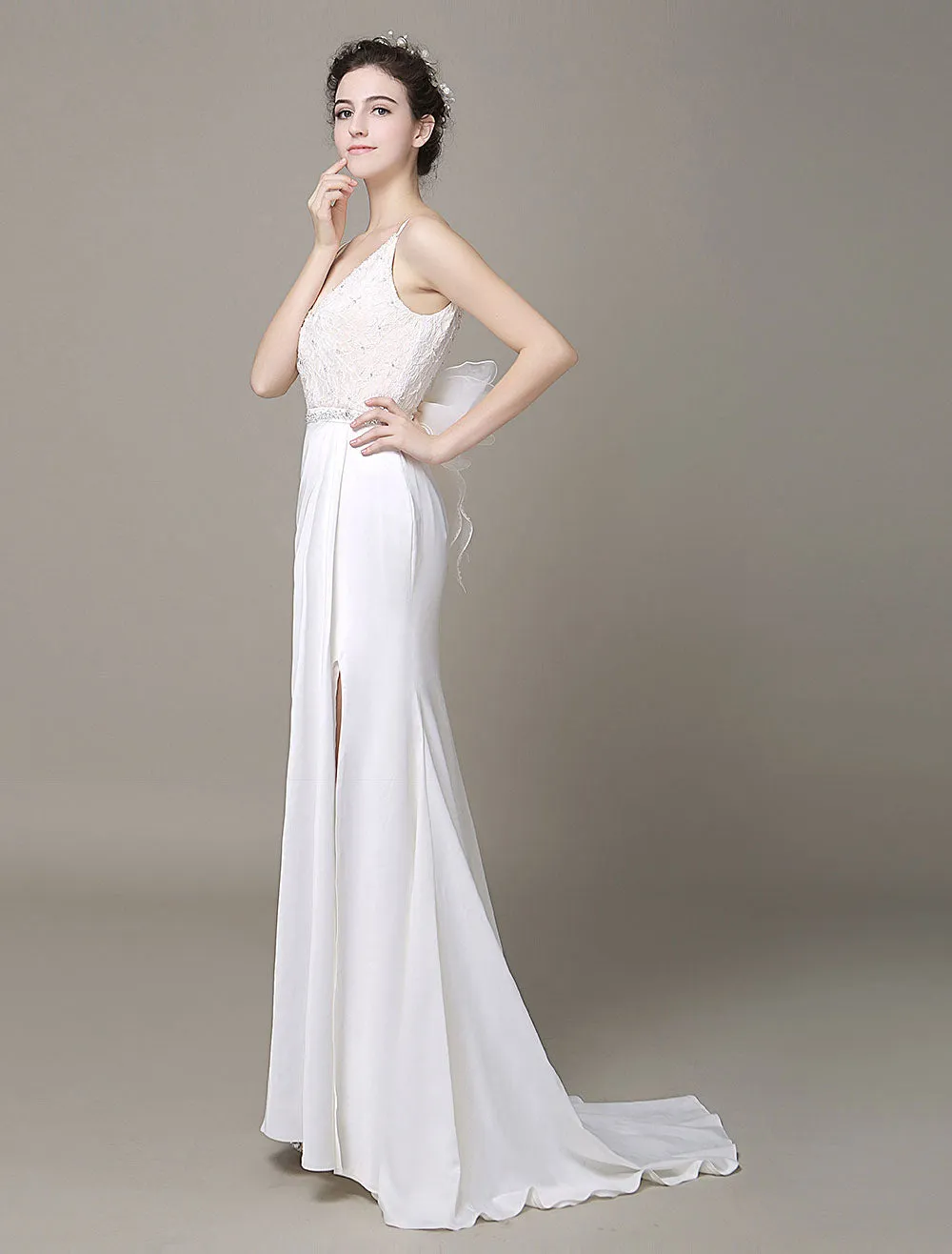 Modern Satin Sheath Wedding Dress Plunging Neckline Bow Back Belt Lace Beading Evening Dress Milanoo