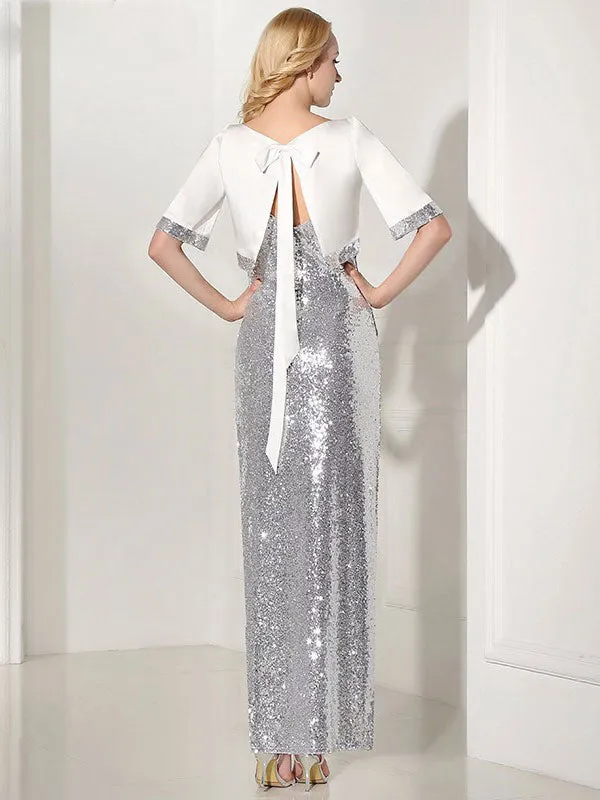 Modern Silver Evening Dress Sequin 2 Piece Mother Dress Sheath Split V Neck Flower Ankle Length Party Dress