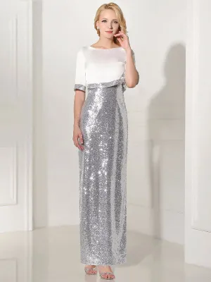 Modern Silver Evening Dress Sequin 2 Piece Mother Dress Sheath Split V Neck Flower Ankle Length Party Dress