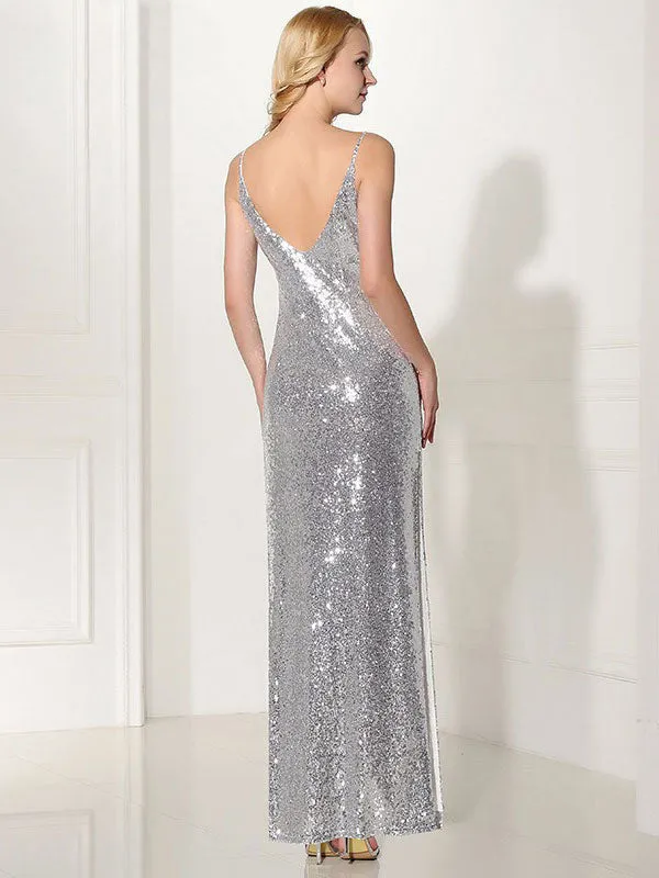 Modern Silver Evening Dress Sequin 2 Piece Mother Dress Sheath Split V Neck Flower Ankle Length Party Dress