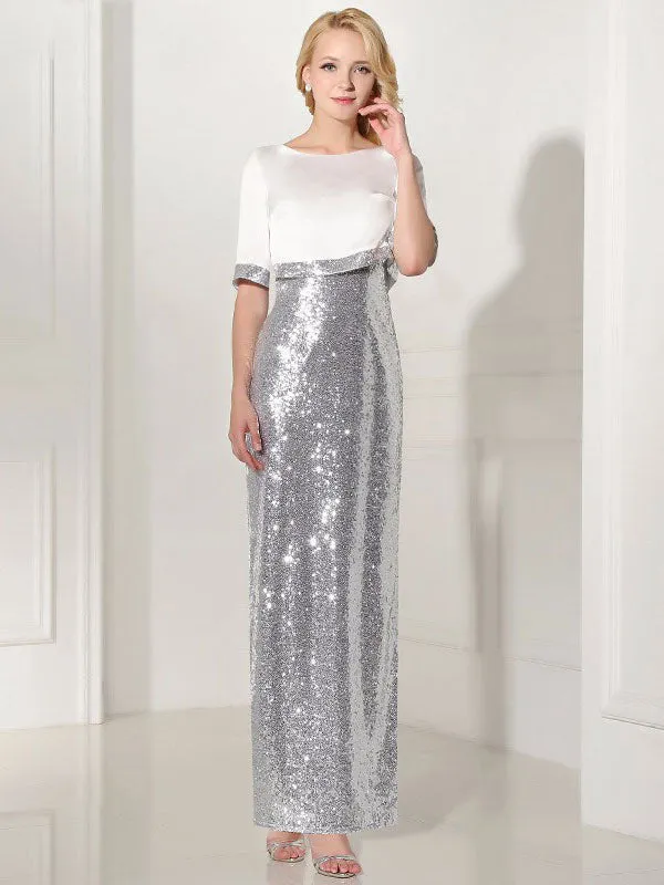 Modern Silver Evening Dress Sequin 2 Piece Mother Dress Sheath Split V Neck Flower Ankle Length Party Dress
