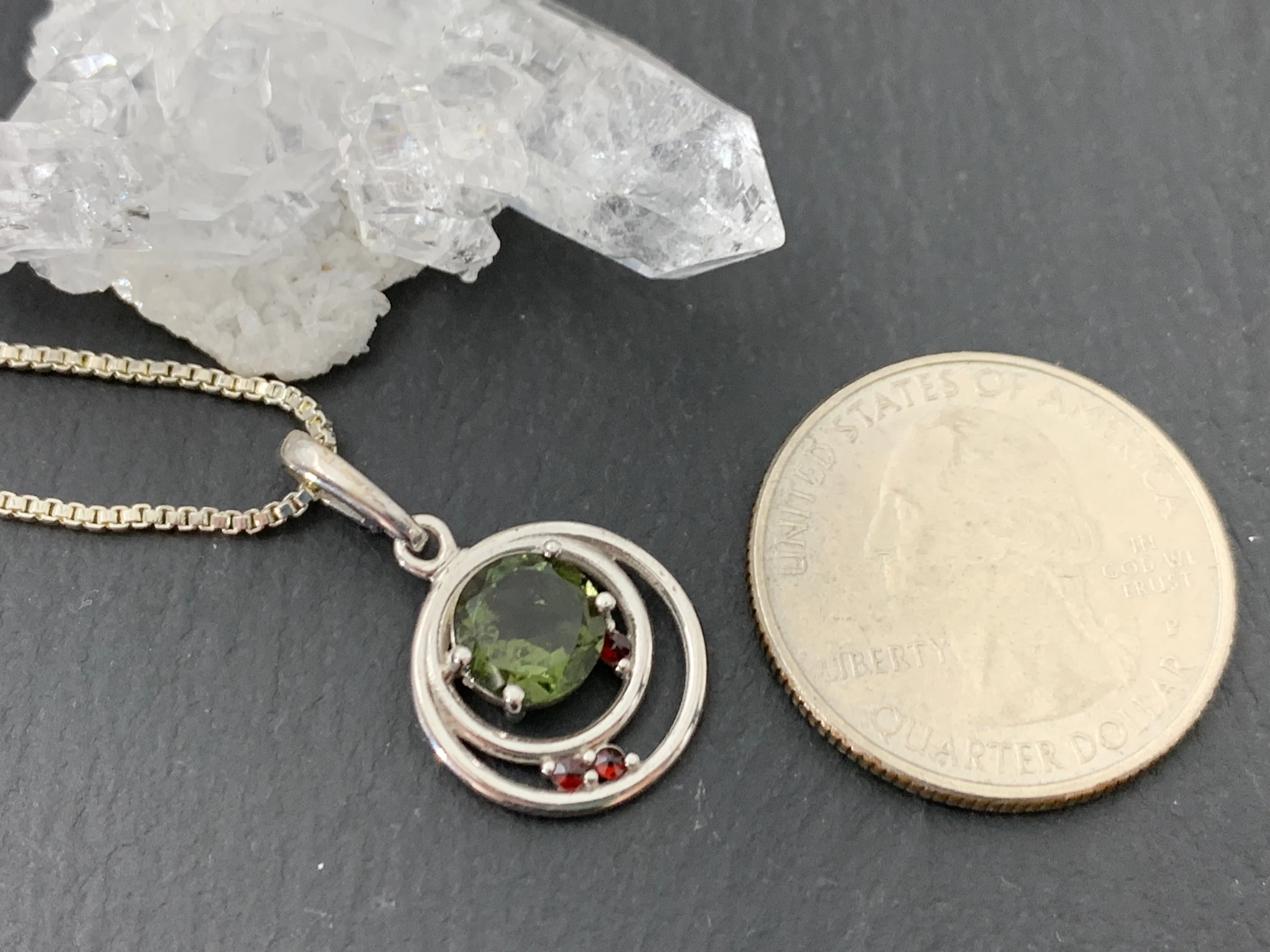 Moldavite & Garnet Pendant