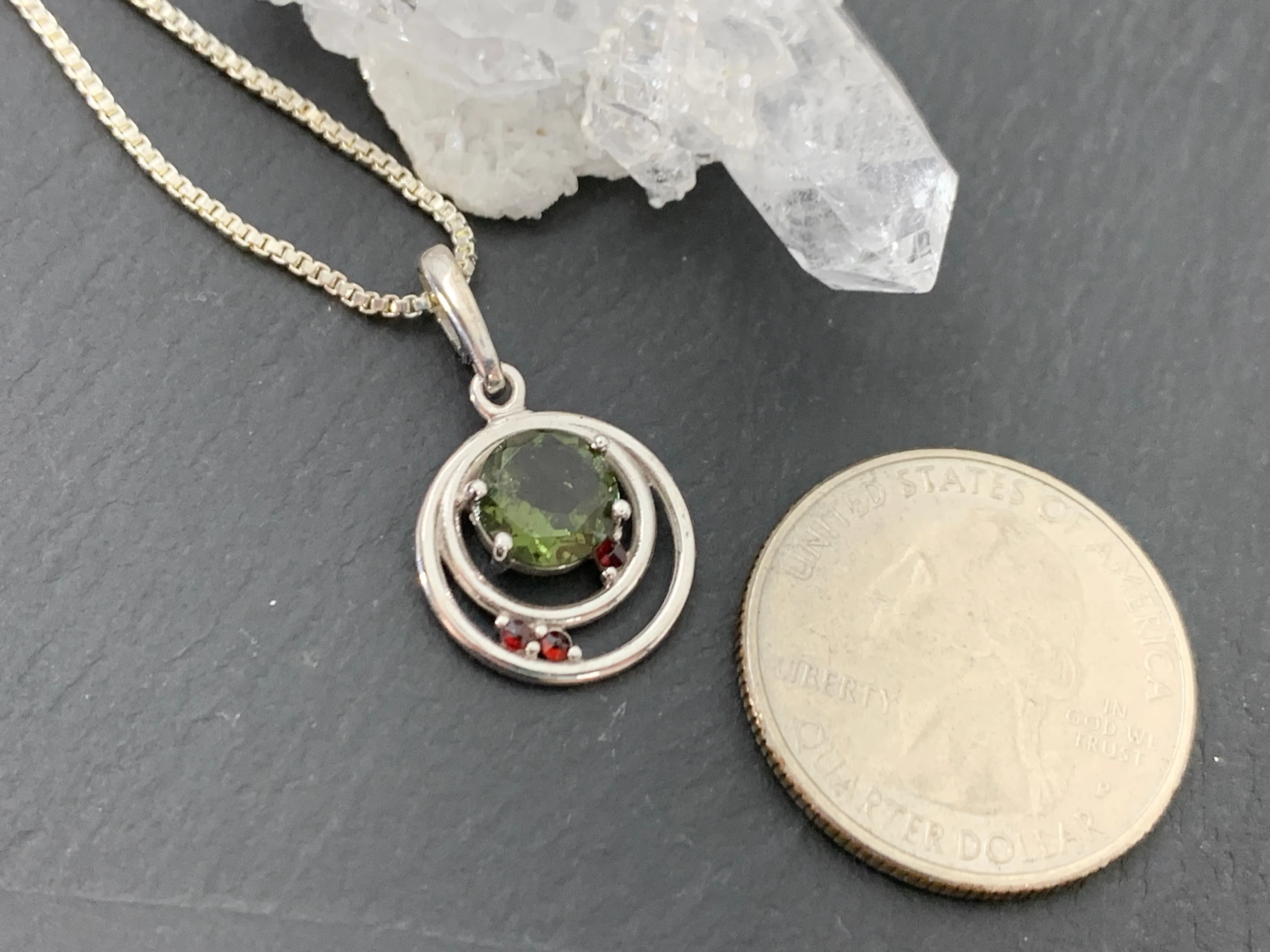 Moldavite & Garnet Pendant