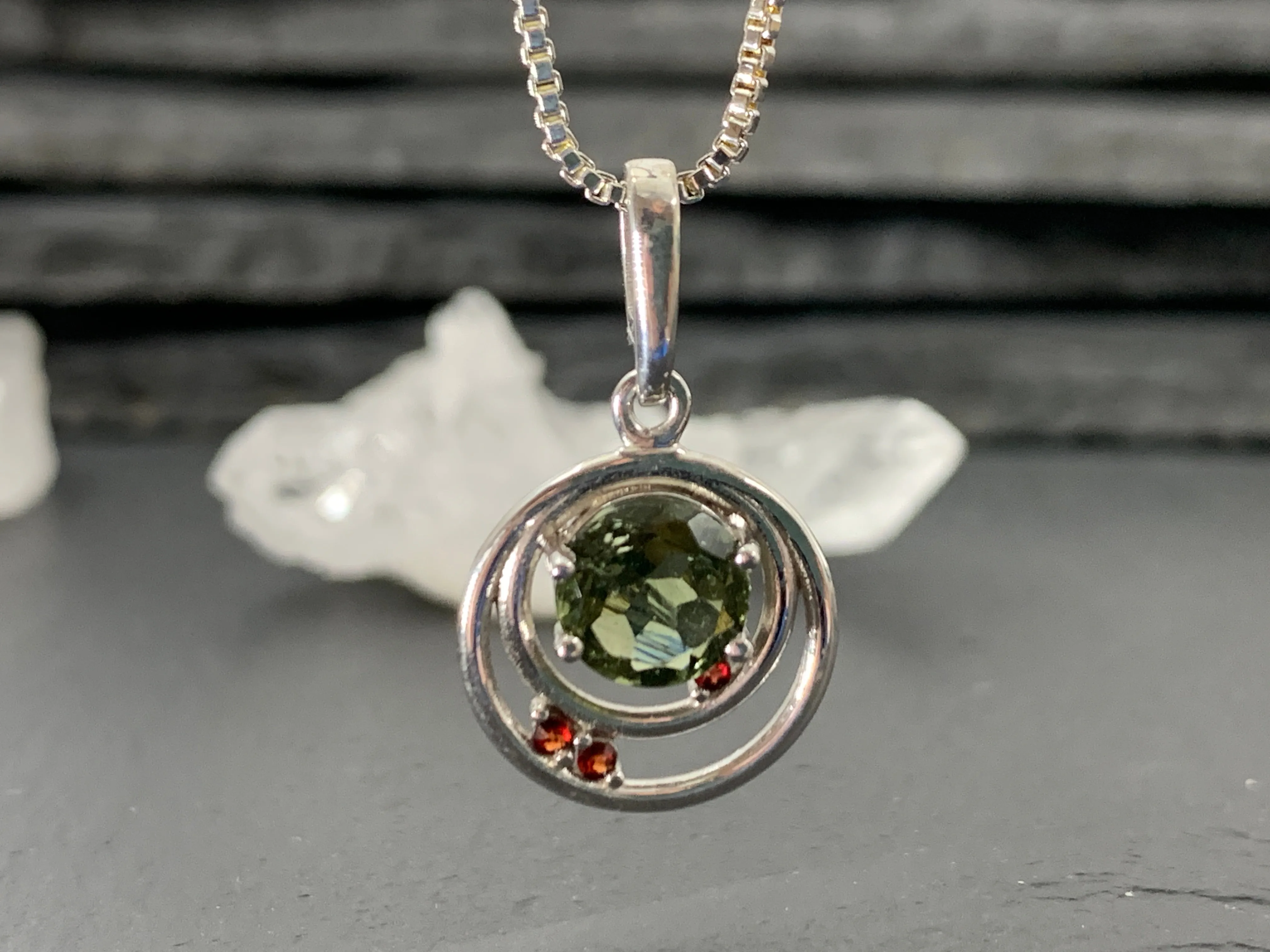 Moldavite & Garnet Pendant