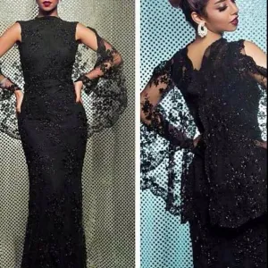 muslim evening dresses for women black lace appliqué beaded Dubai caftan evening gown