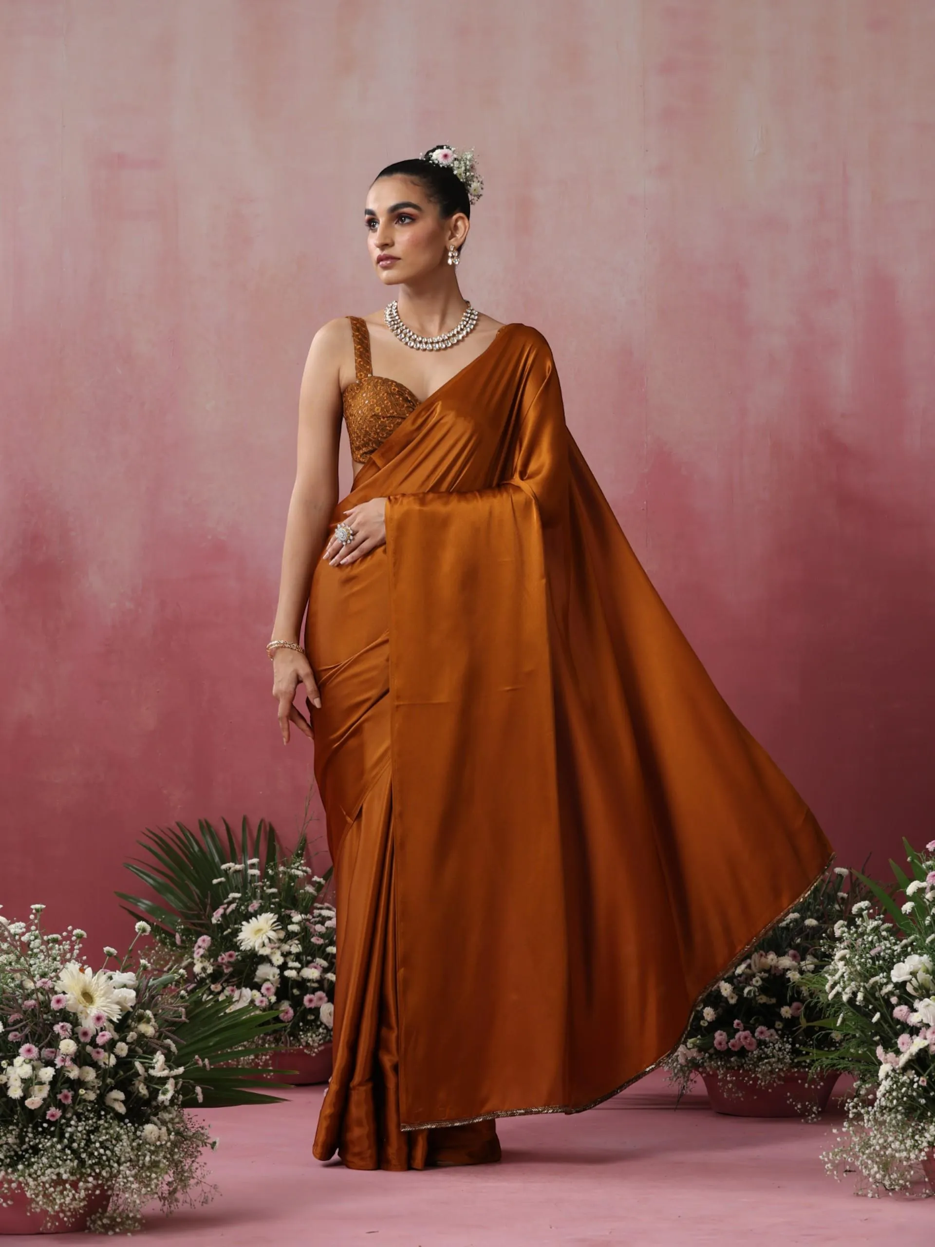 Mustard Magma Satin Saree with Lace and Embroidered Blouse Fabric