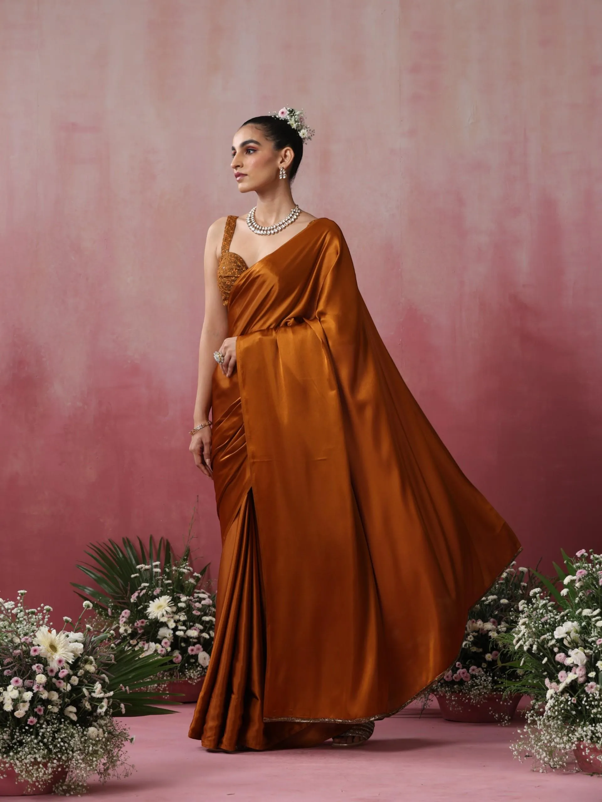 Mustard Magma Satin Saree with Lace and Embroidered Blouse Fabric