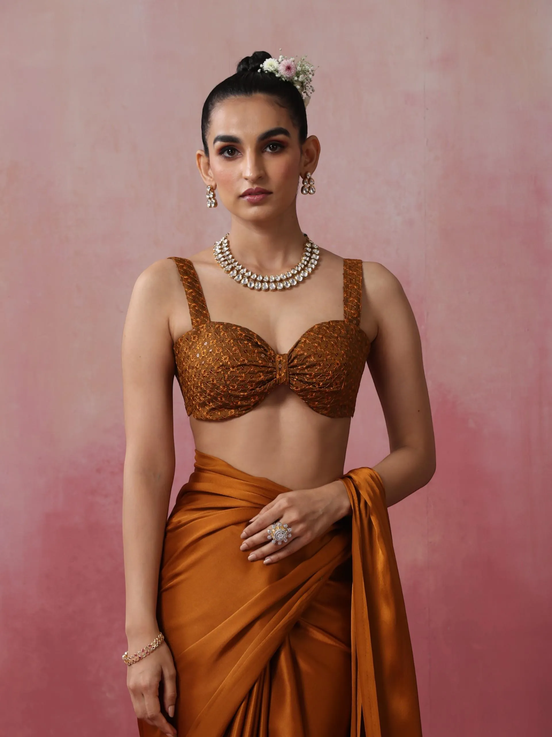 Mustard Magma Satin Saree with Lace and Embroidered Blouse Fabric