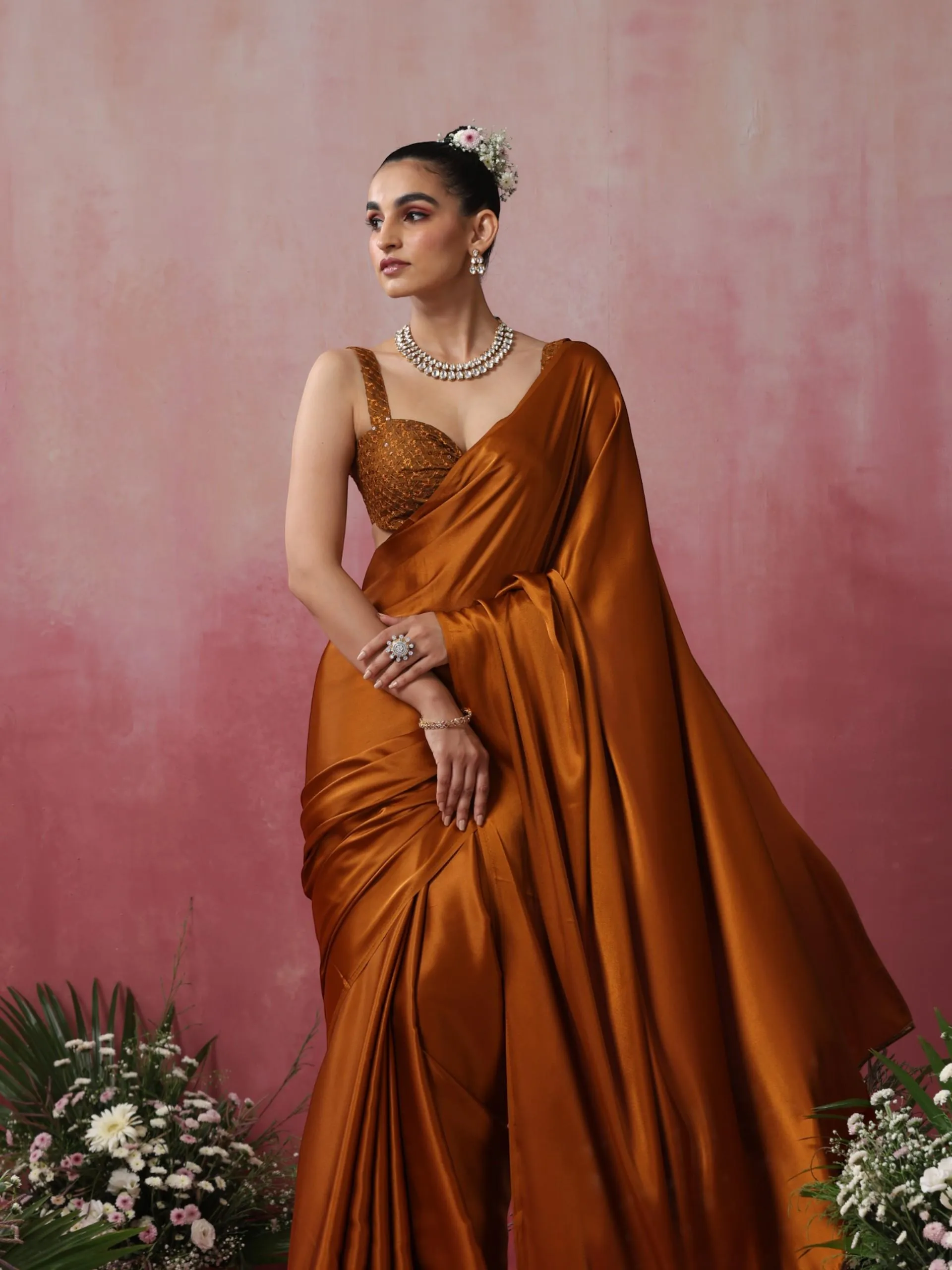 Mustard Magma Satin Saree with Lace and Embroidered Blouse Fabric