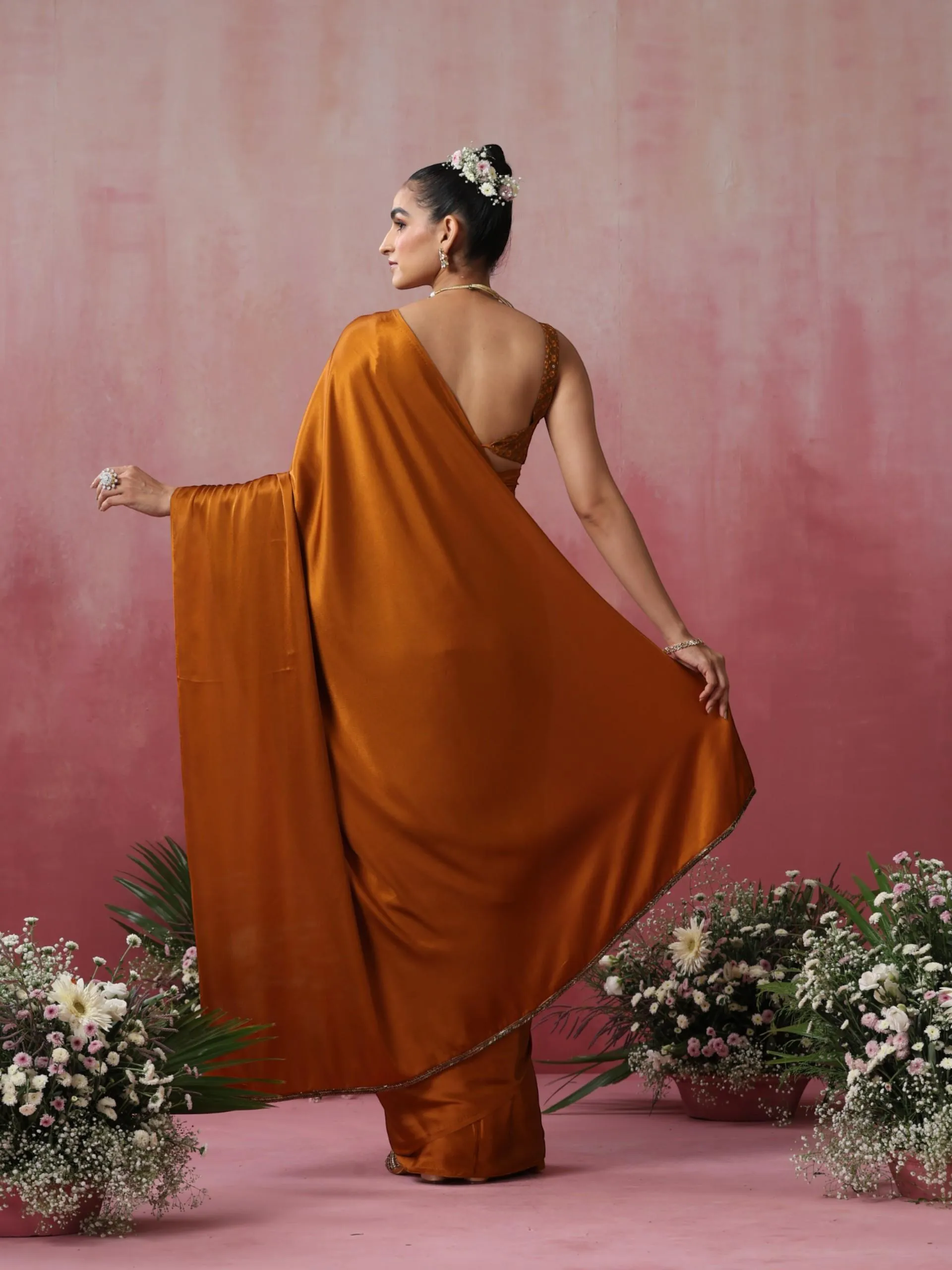 Mustard Magma Satin Saree with Lace and Embroidered Blouse Fabric