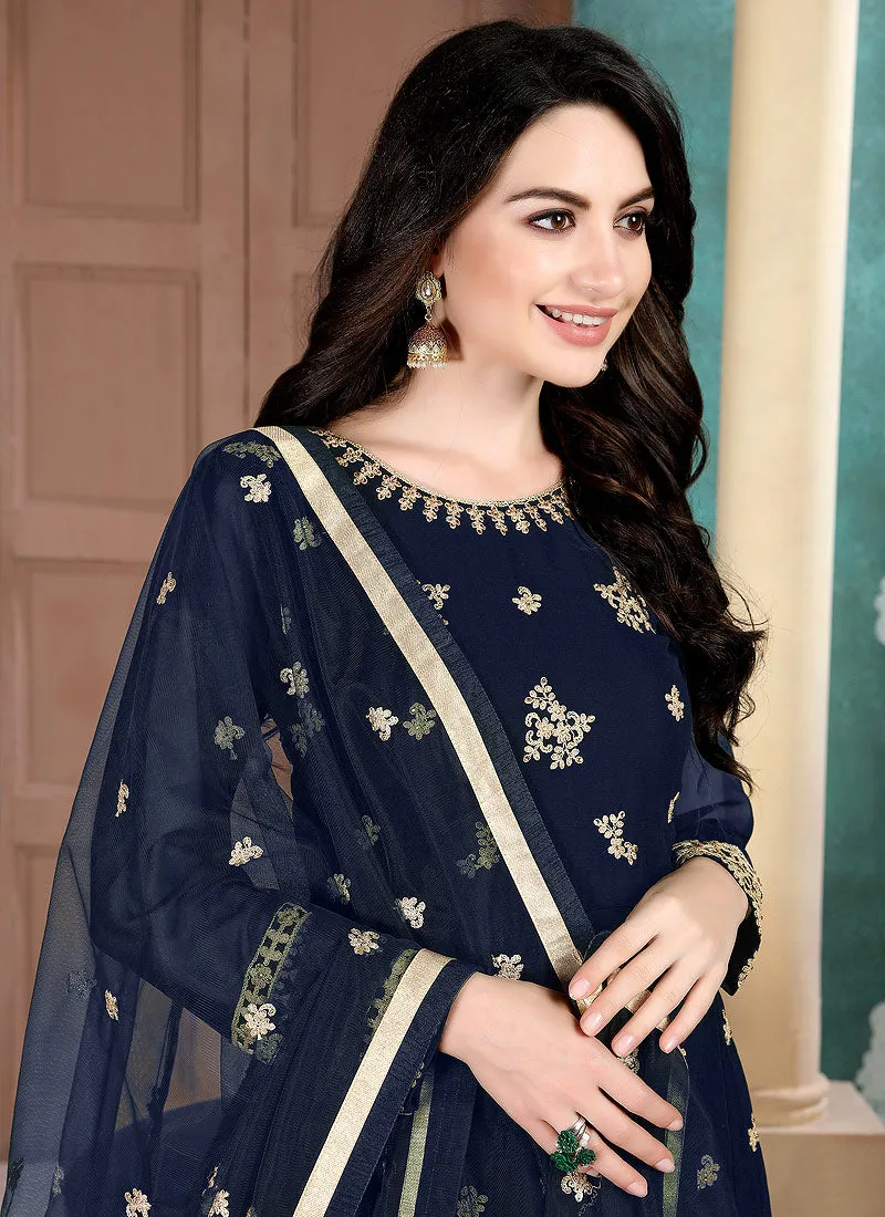 Navy Blue Golden Embroidered Anarkali Pant Suit
