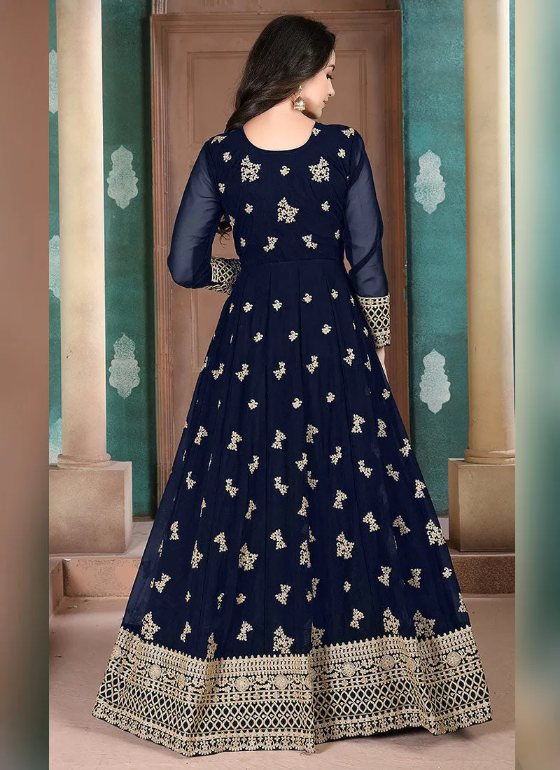 Navy Blue Golden Embroidered Anarkali Pant Suit