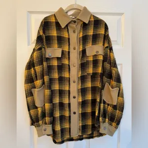 NEW POL Black Yellow and Tan Oversized Plaid Button-Up Shirt Size Small