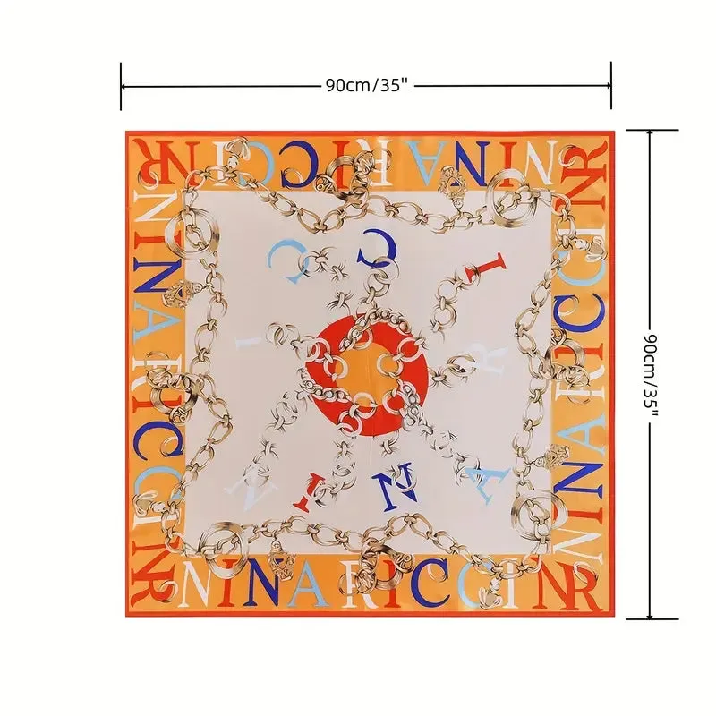 NEW Retails $51, 35" Satin Large Square Scarf Stylish Chain Print Bandana Elegant Silk Feeling Hair Wrapping Scarf Women Night Sleeping Headscarf, Orange