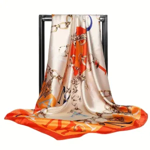 NEW Retails $51, 35" Satin Large Square Scarf Stylish Chain Print Bandana Elegant Silk Feeling Hair Wrapping Scarf Women Night Sleeping Headscarf, Orange