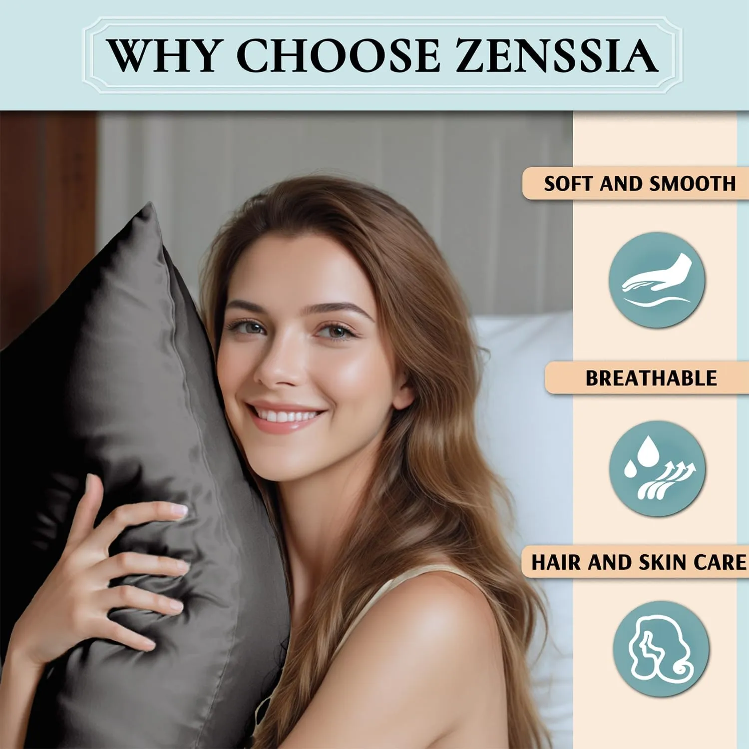 NEW Zenssia Satin Pillow Cases 2 Pack Standard, Silky Satin Pillowcase for Hair and Skin, Breathable Satin Pillow Cover with Hidden Zipper, 20x26 inches, Standard Size, Black
