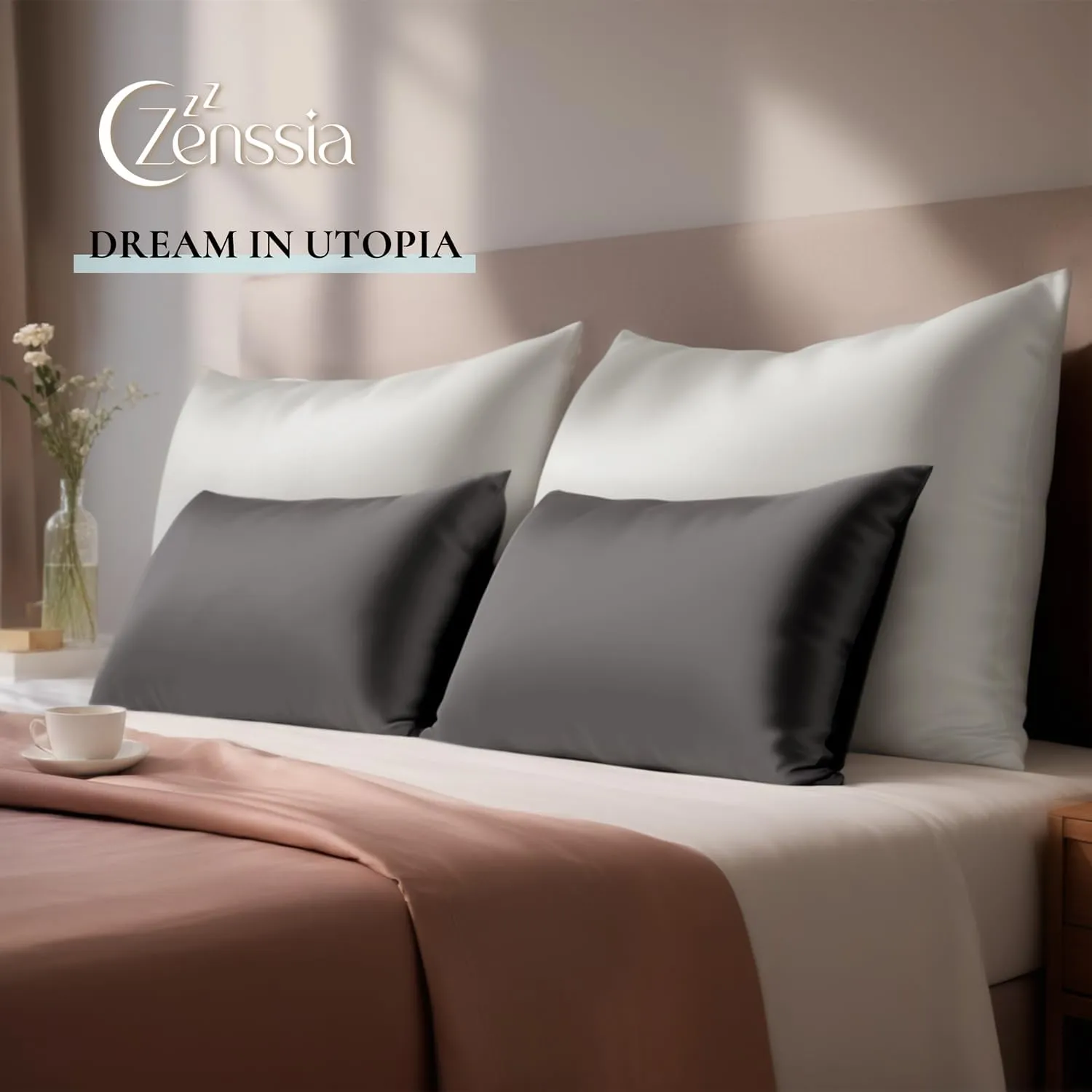 NEW Zenssia Satin Pillow Cases 2 Pack Standard, Silky Satin Pillowcase for Hair and Skin, Breathable Satin Pillow Cover with Hidden Zipper, 20x26 inches, Standard Size, Black
