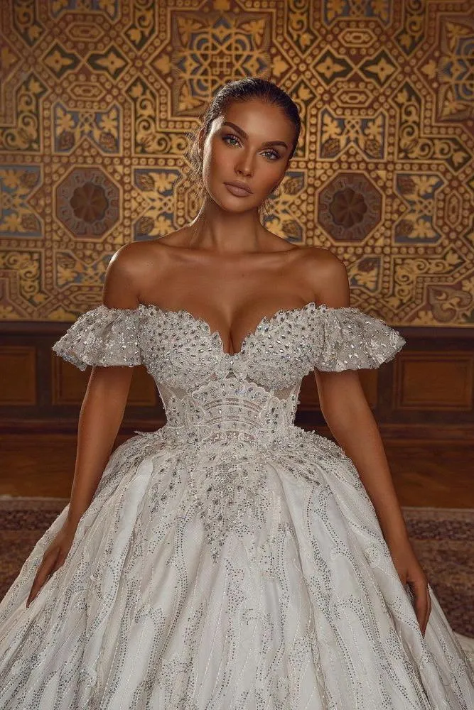 Off the ShoulderAline Ball Gown Wedding Dress Floral Lace