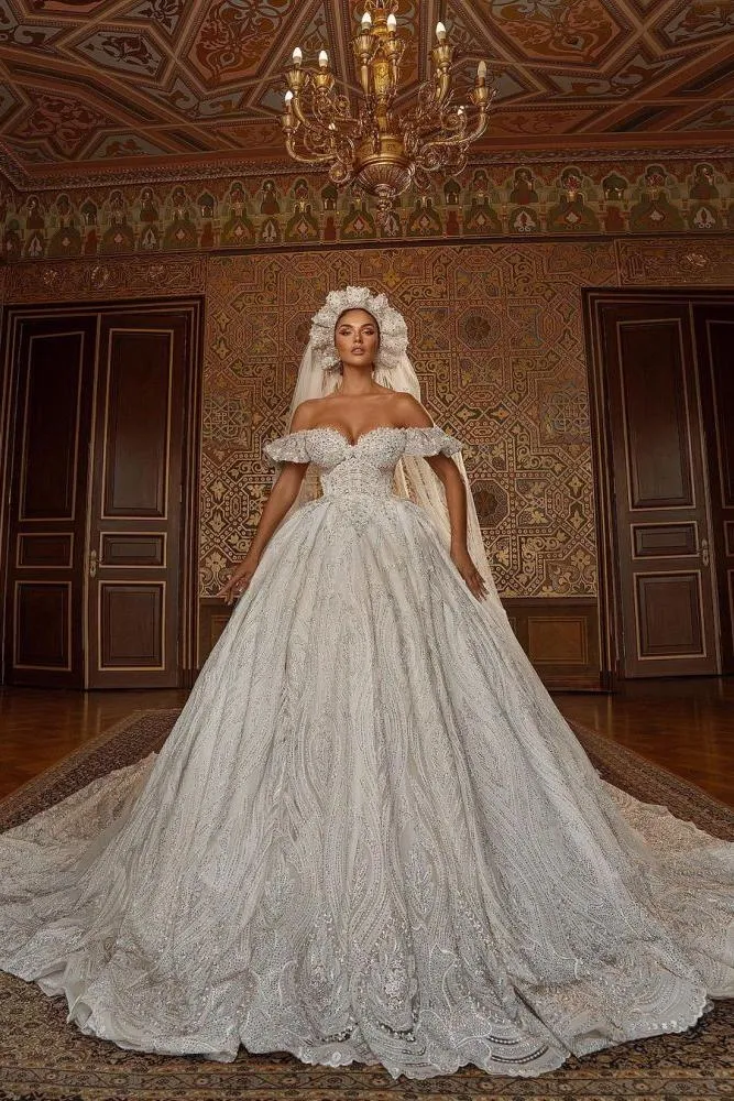 Off the ShoulderAline Ball Gown Wedding Dress Floral Lace