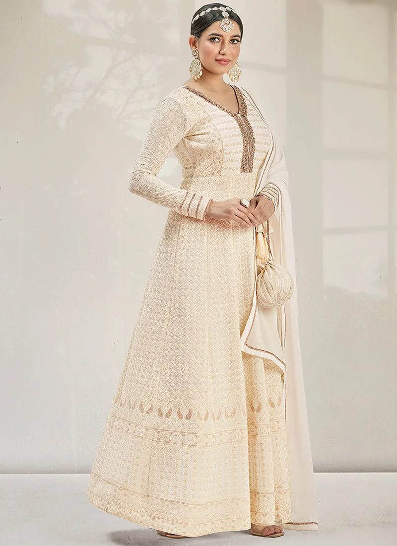 Off White Chikankari Embroidery Wedding Anarkali Gown