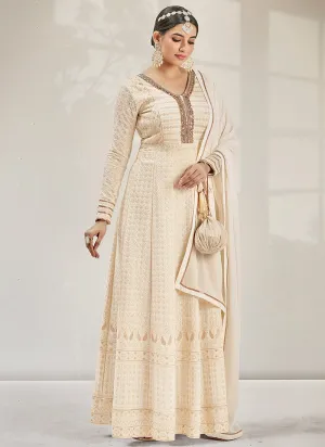 Off White Chikankari Embroidery Wedding Anarkali Gown
