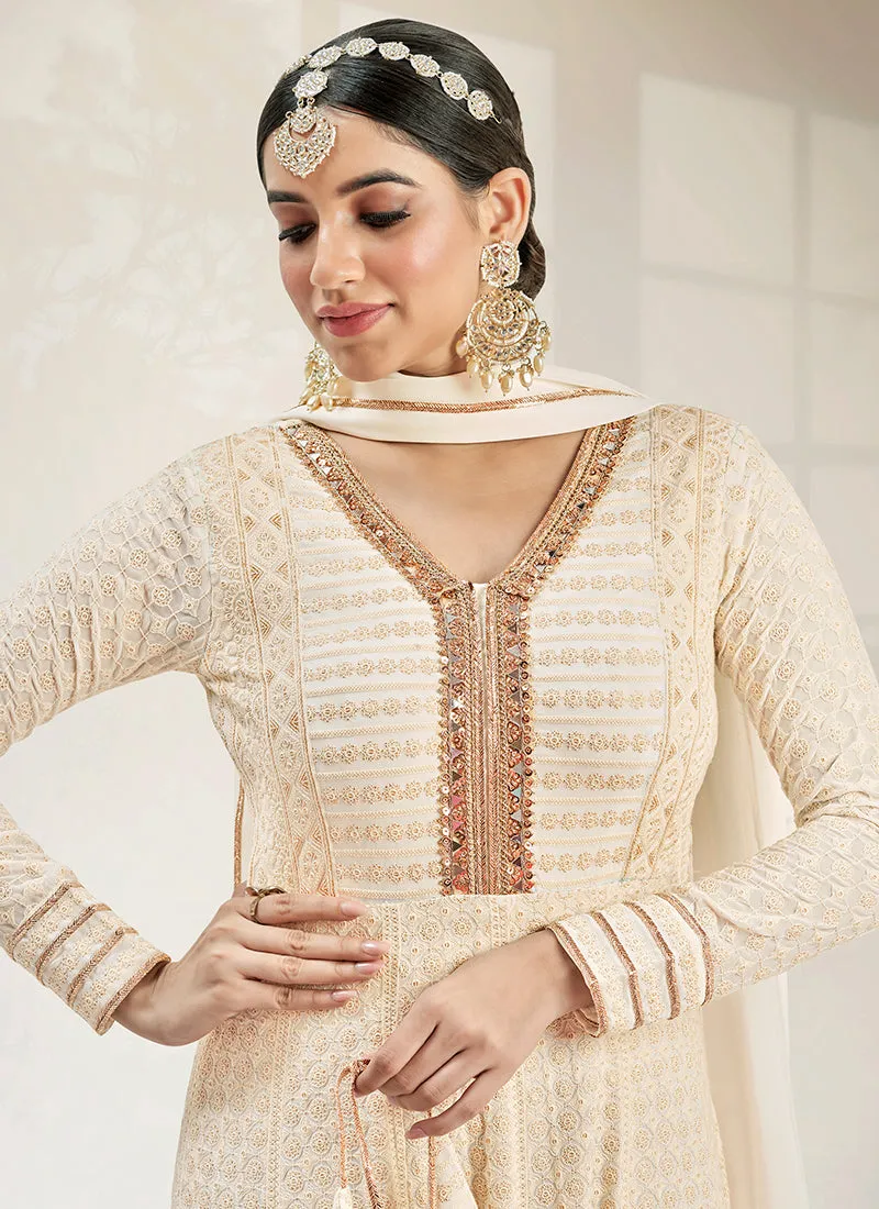 Off White Chikankari Embroidery Wedding Anarkali Gown