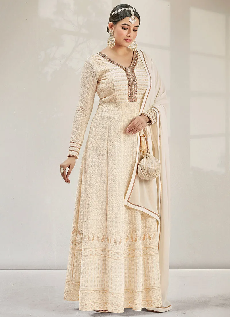 Off White Chikankari Embroidery Wedding Anarkali Gown