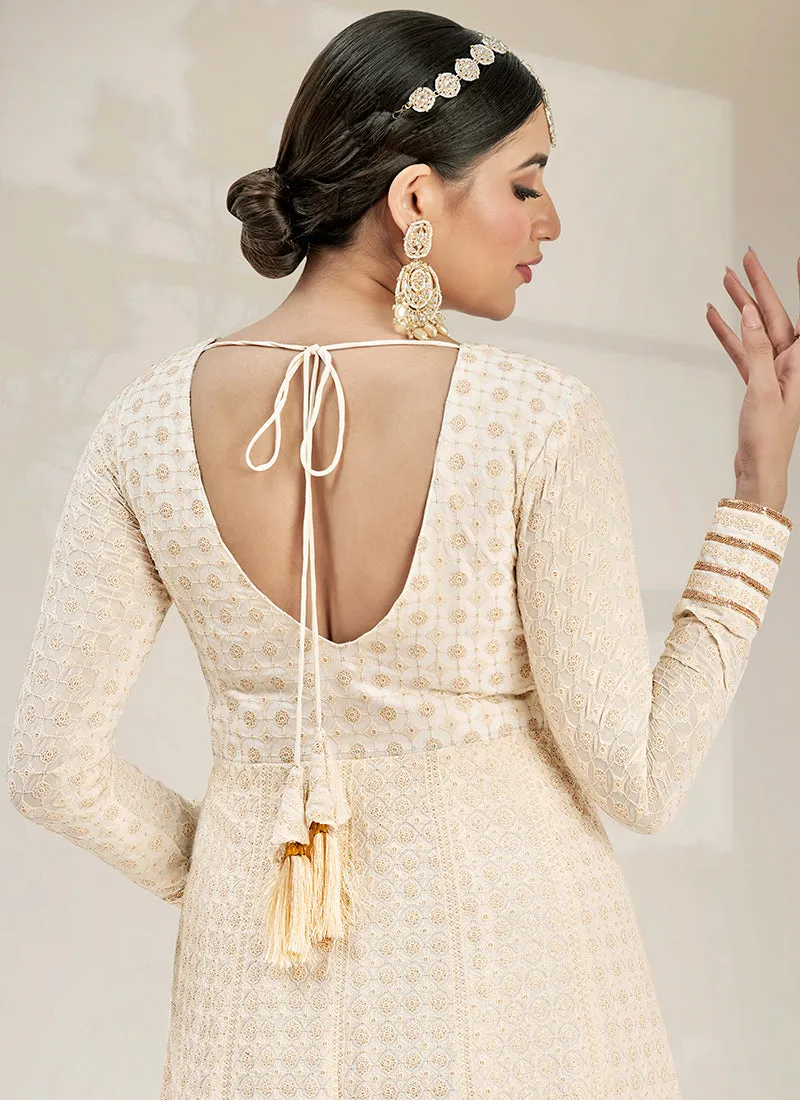 Off White Chikankari Embroidery Wedding Anarkali Gown