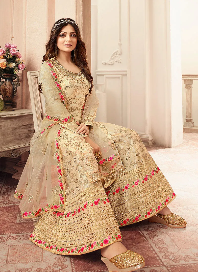 Off White Tradition Embroidered Wedding Sharara