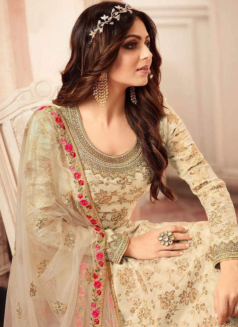 Off White Tradition Embroidered Wedding Sharara