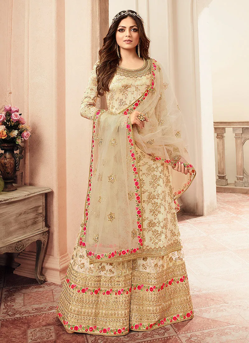 Off White Tradition Embroidered Wedding Sharara