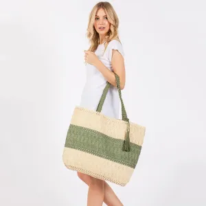 Olive Two Tone Woven Straw Tote Bag With Braided Straw Straps & Tassel Accent