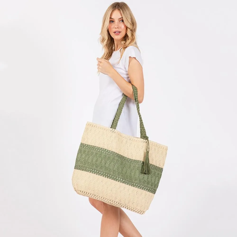 Olive Two Tone Woven Straw Tote Bag With Braided Straw Straps & Tassel Accent