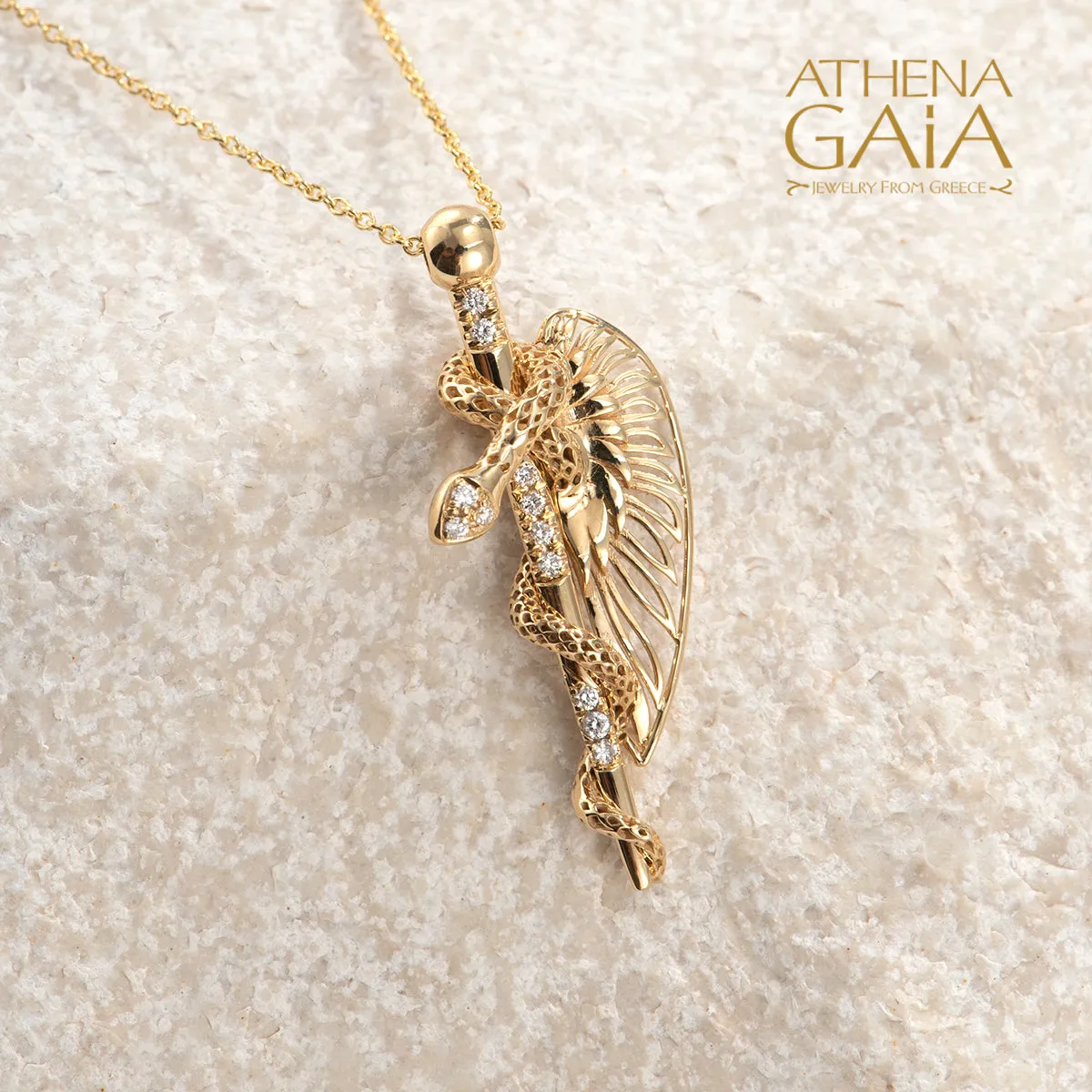 Olympian Hermes Caduceus Pendant with Necklace