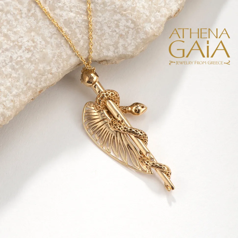 Olympian Hermes Caduceus Pendant with Necklace