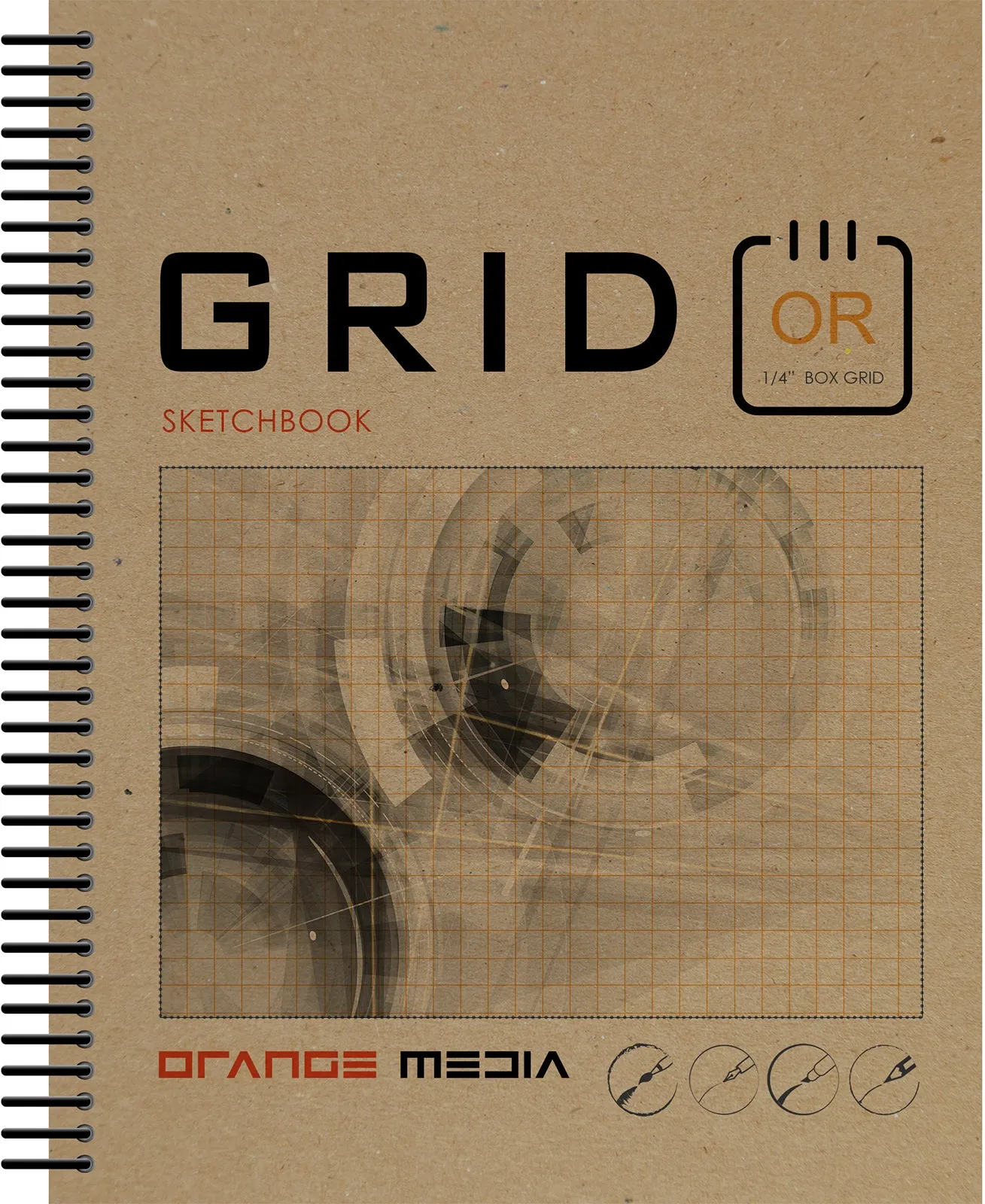 Orange Media Grid Sketchbook. Spiral Bound. Left Spine. Multi-Media. (8.5" x 11") 1/4" BOX. (ORANGE). SB-2550-LS