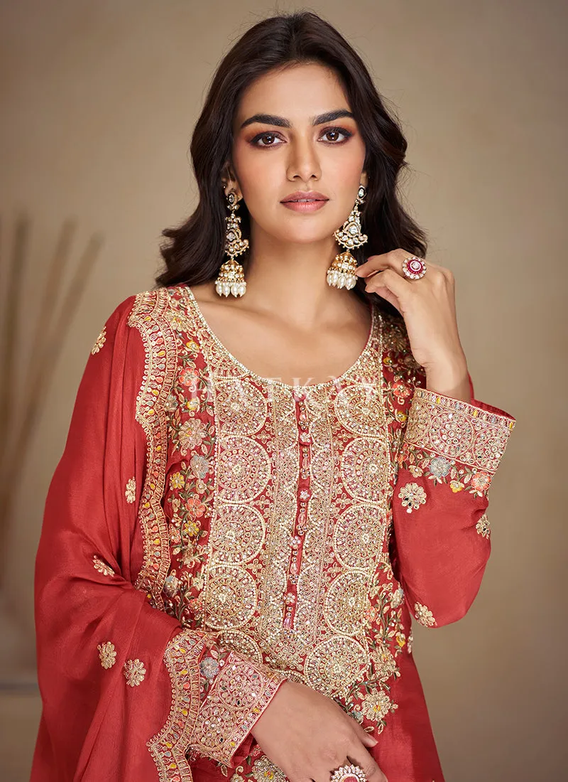 Orangish Red Embroidered Sharara Suit