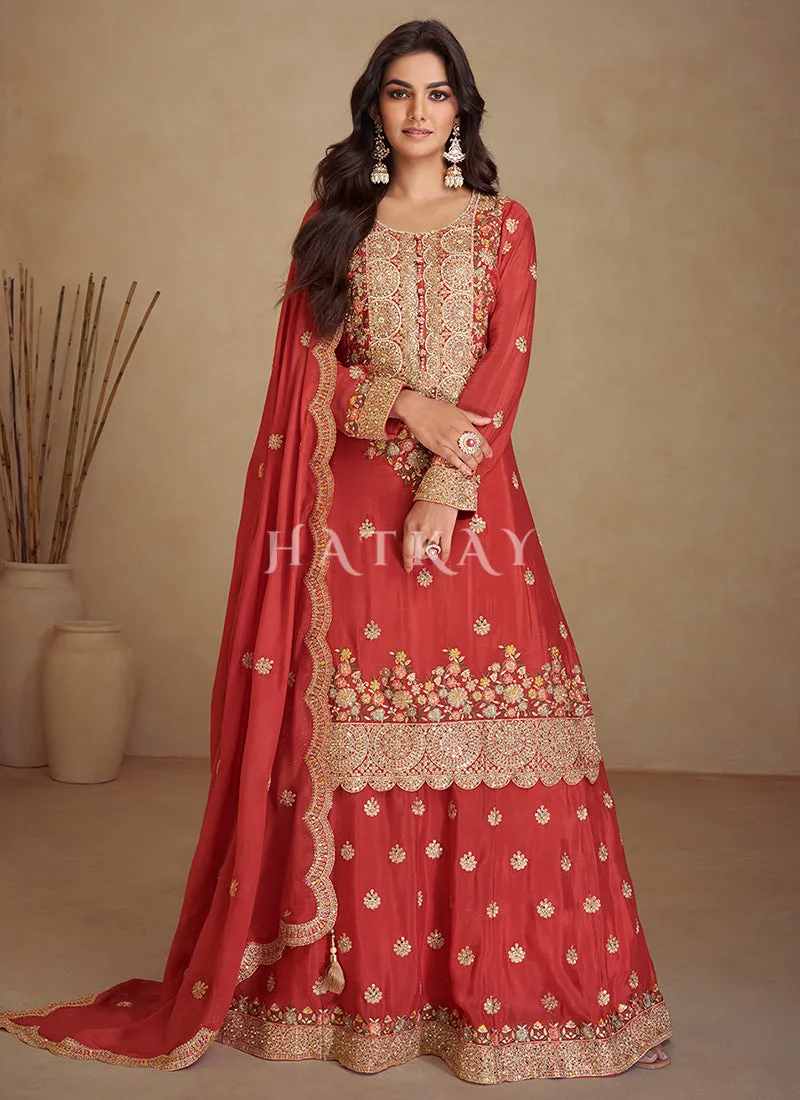 Orangish Red Embroidered Sharara Suit