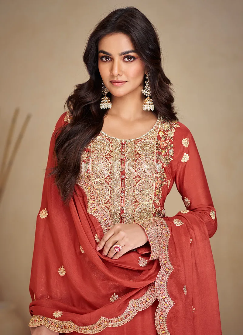 Orangish Red Embroidered Sharara Suit