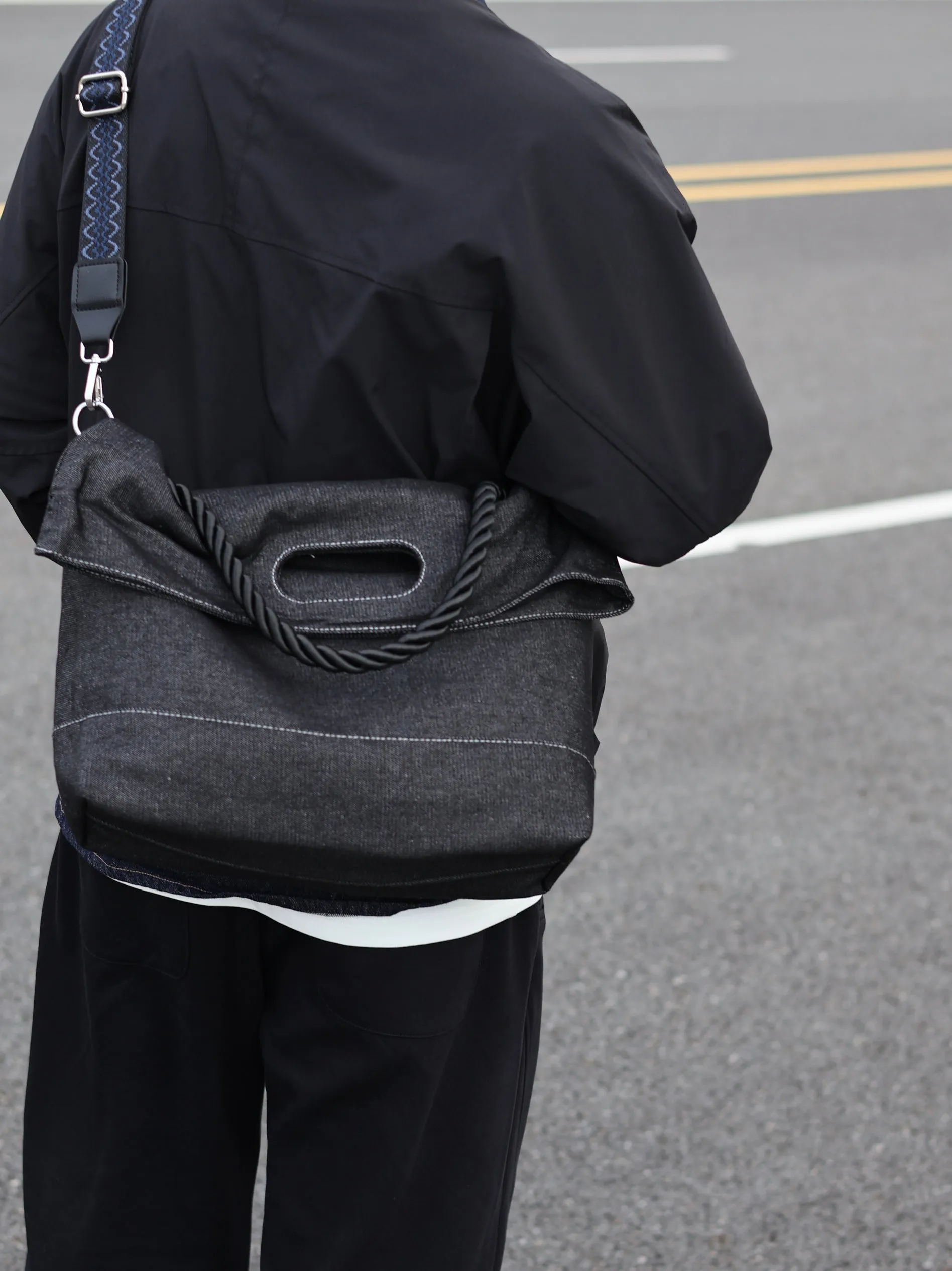 Original Denim Tote Bag Design with Dark Gray Denim and Unique Rope Handle - Modern, Casual for Daily Outings, Work, Casual Activities, Ideal for Carrying Essentials in a Practical and Stylish Way for Men
