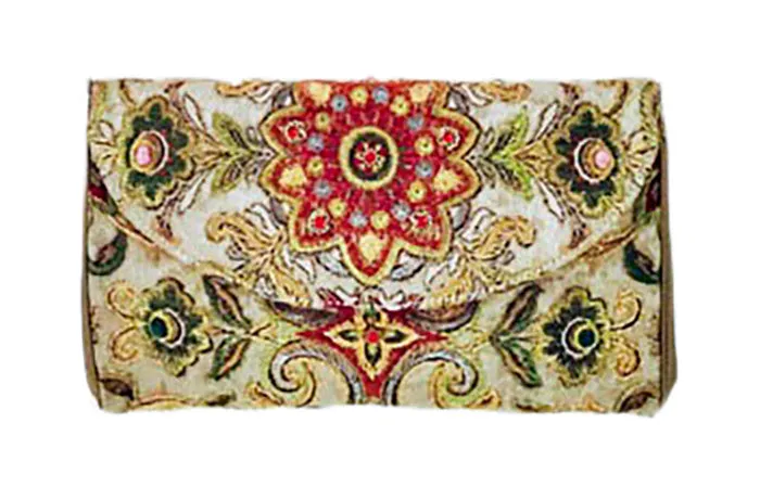 OSCAR DE LA RENTA Bronze Floral Embroidered Print Clutch Handbag with Silk Lining