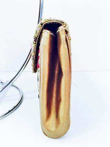 OSCAR DE LA RENTA Bronze Floral Embroidered Print Clutch Handbag with Silk Lining