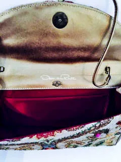 OSCAR DE LA RENTA Bronze Floral Embroidered Print Clutch Handbag with Silk Lining