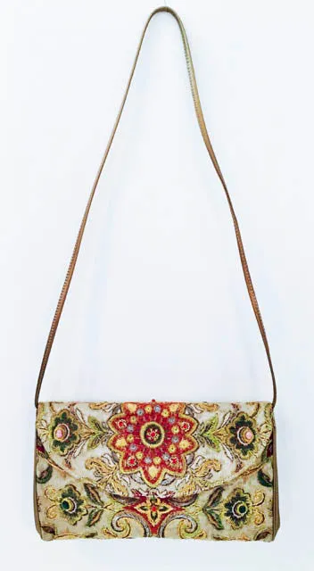 OSCAR DE LA RENTA Bronze Floral Embroidered Print Clutch Handbag with Silk Lining