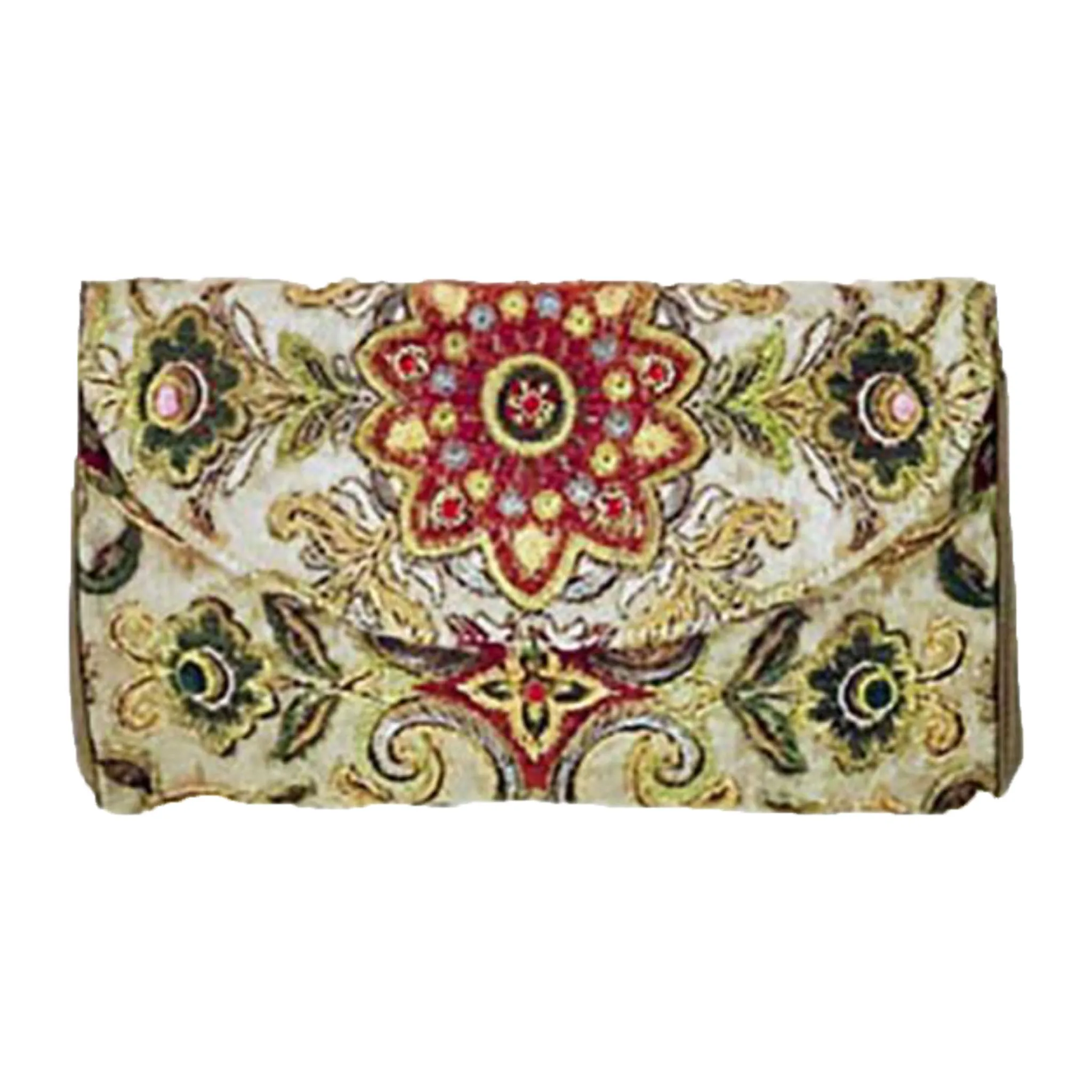 OSCAR DE LA RENTA Bronze Floral Embroidered Print Clutch Handbag with Silk Lining