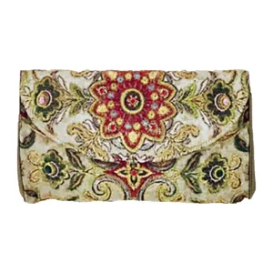 OSCAR DE LA RENTA Bronze Floral Embroidered Print Clutch Handbag with Silk Lining