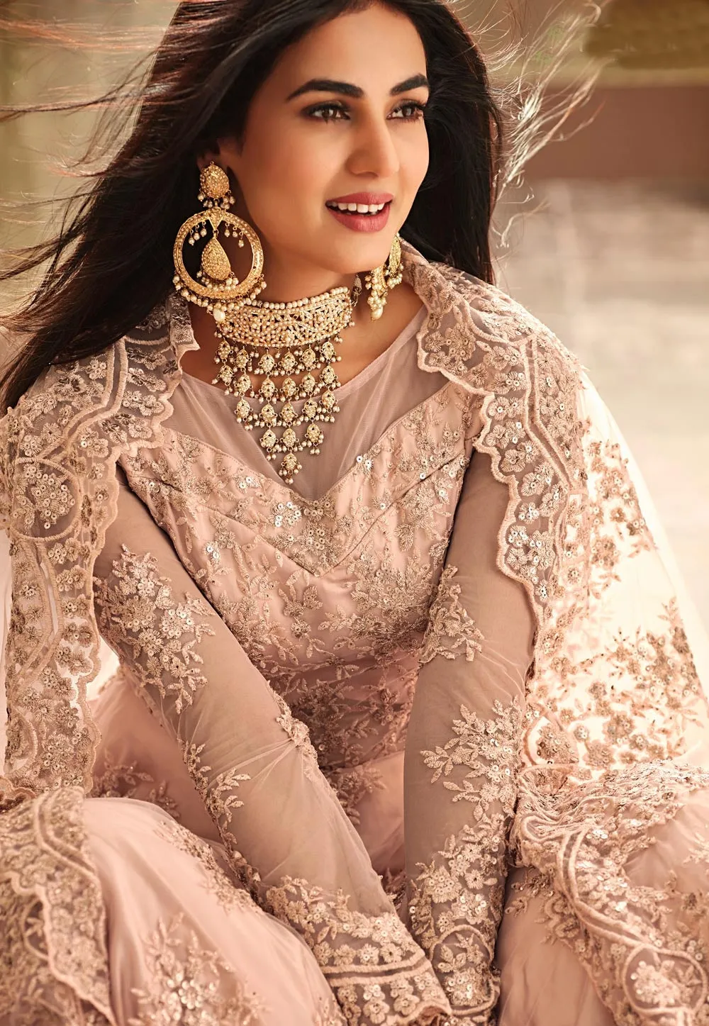 Peach Heavily Embroidered Net Anarkali Suit