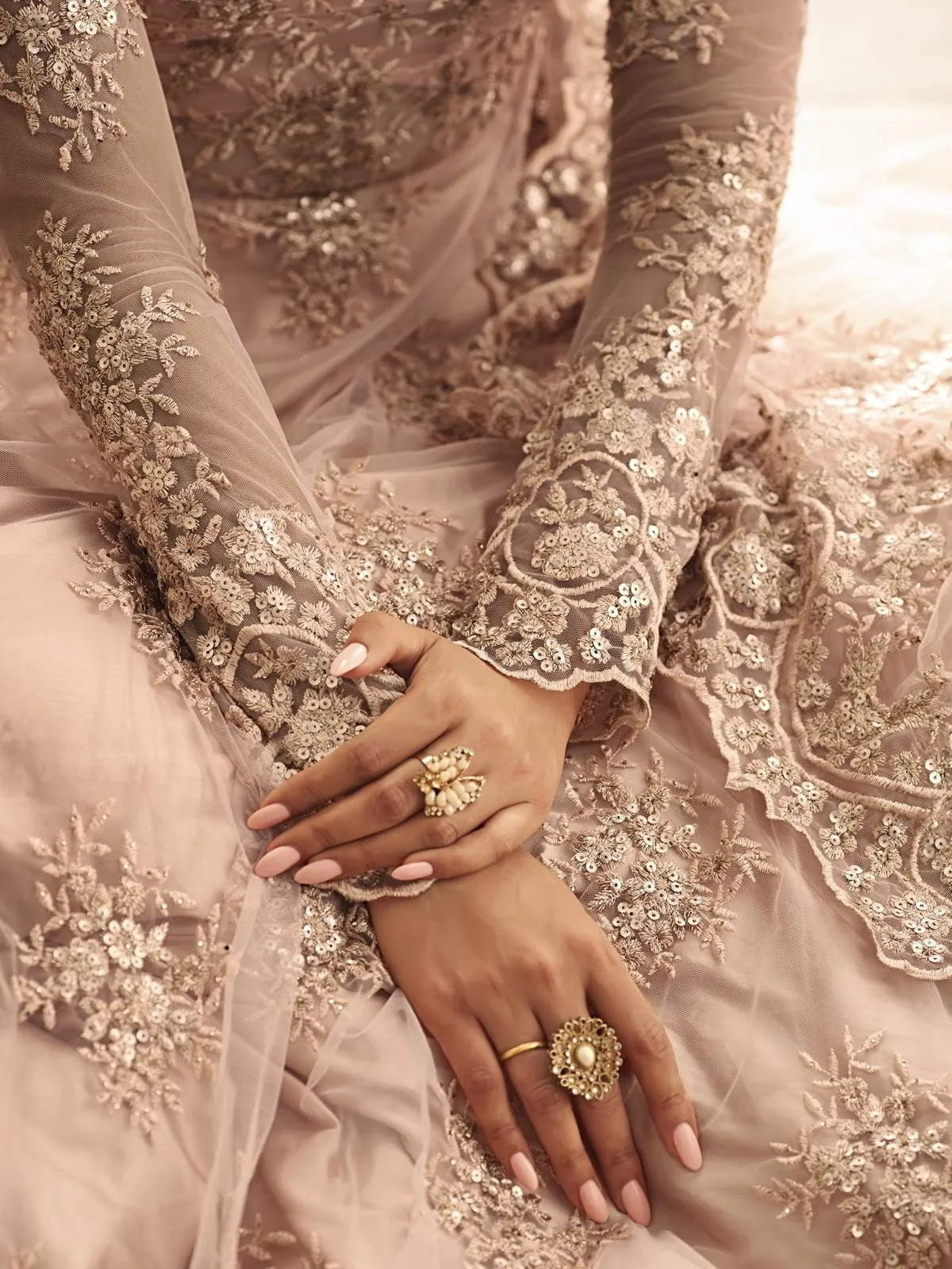 Peach Heavily Embroidered Net Anarkali Suit