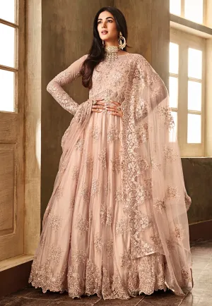 Peach Heavily Embroidered Net Anarkali Suit